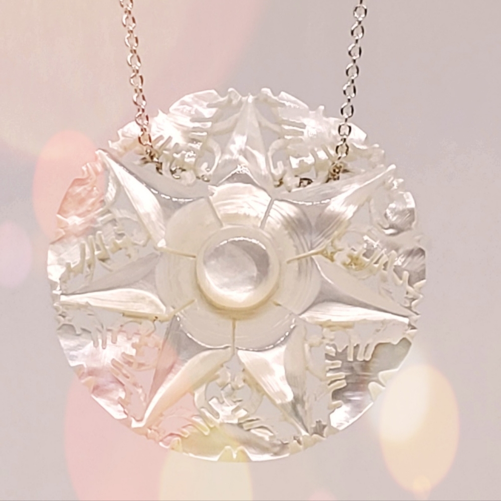 Vintage Hand Carved Mother of Pearl medallion necklace Suspended from micro